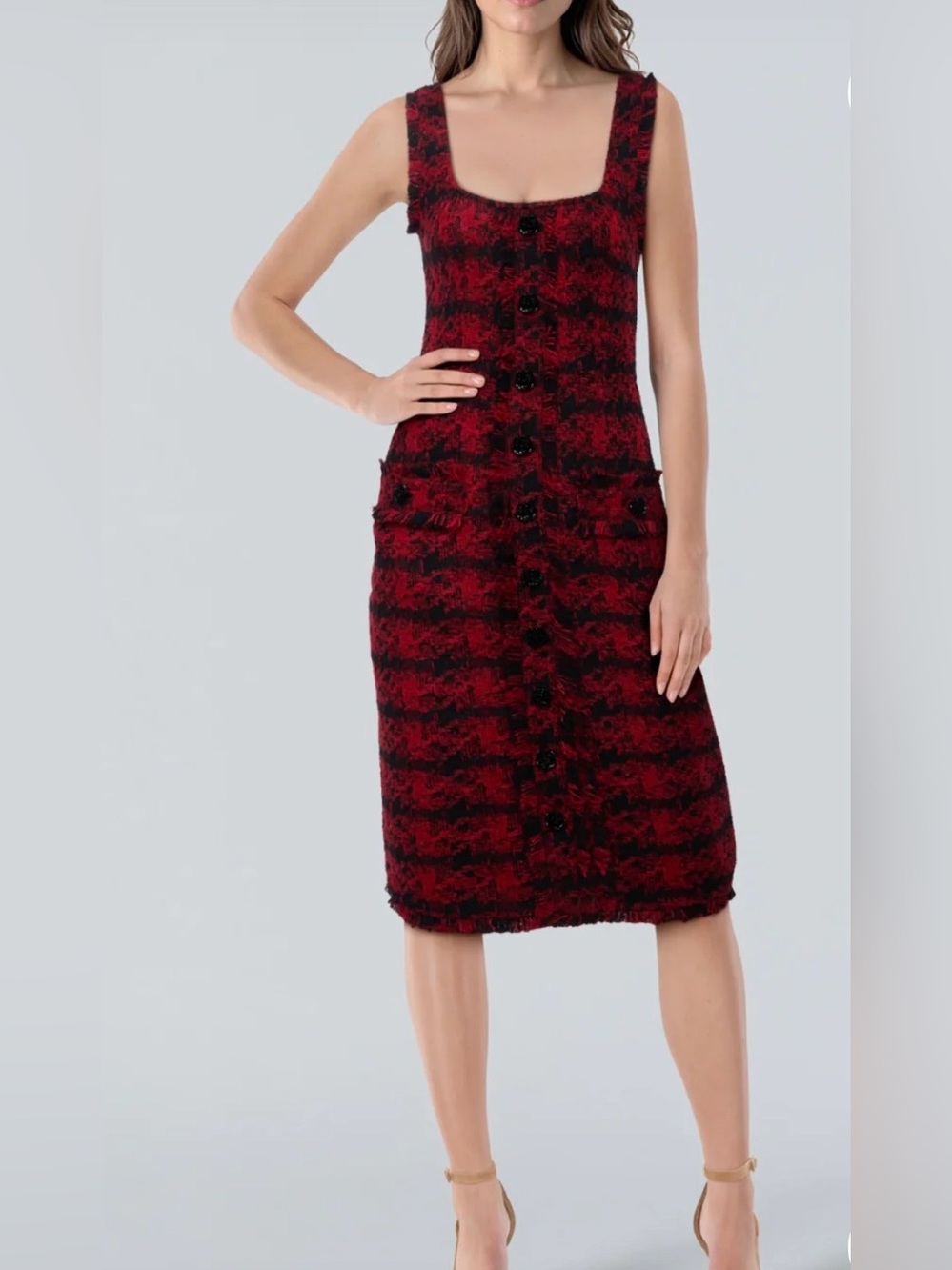 L’Agence Houndstooth Aya Tweed Midi Dress 10 Red Black